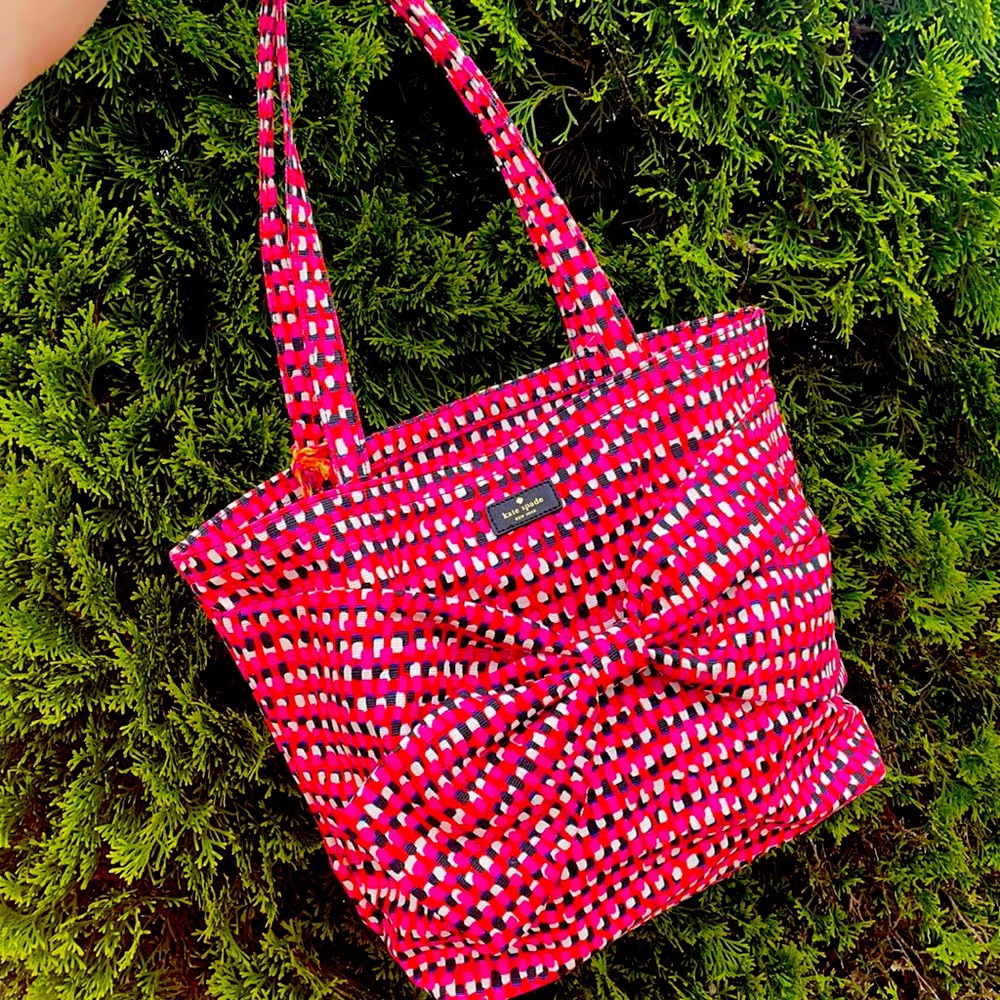Kate Spade pink & red large bow fabric tote